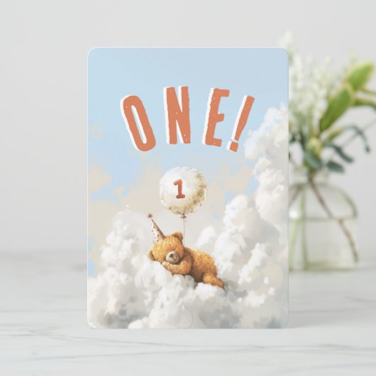 Cloud Nine Bear-Themed First Birthday Party 招待状 (スタンド正面)