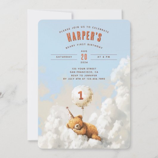 Cloud Nine Bear-Themed First Birthday Party 招待状 (裏面)