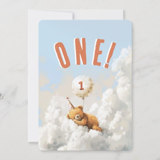 Cloud Nine Bear-Themed First Birthday Party 招待状 (正面)