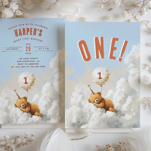 Cloud Nine Bear-Themed First Birthday Party 招待状
