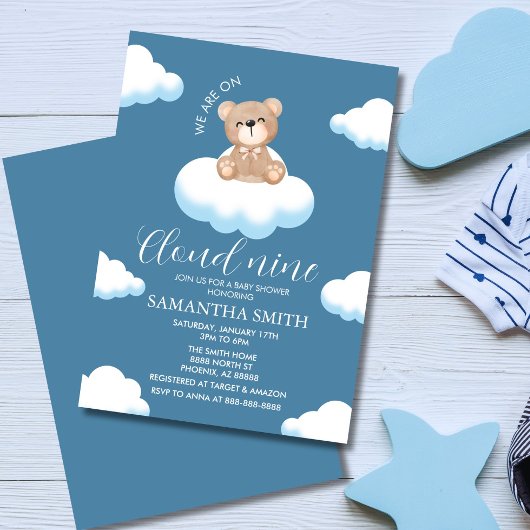 Cloud Nine Blue Boy Bear Baby Showerに参加 招待状