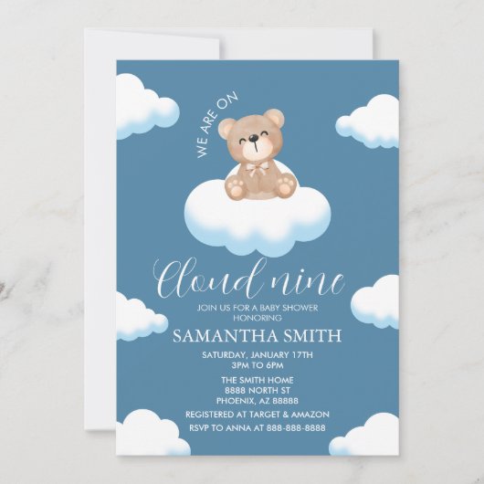 Cloud Nine Blue Boy Bear Baby Showerに参加 招待状 (正面)