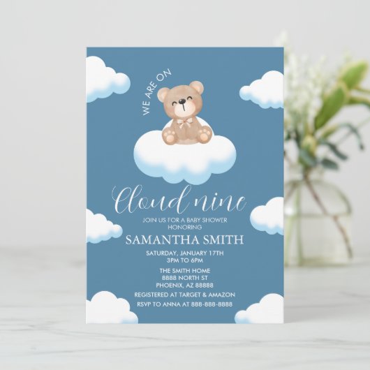 Cloud Nine Blue Boy Bear Baby Showerに参加 招待状 (スタンド正面)