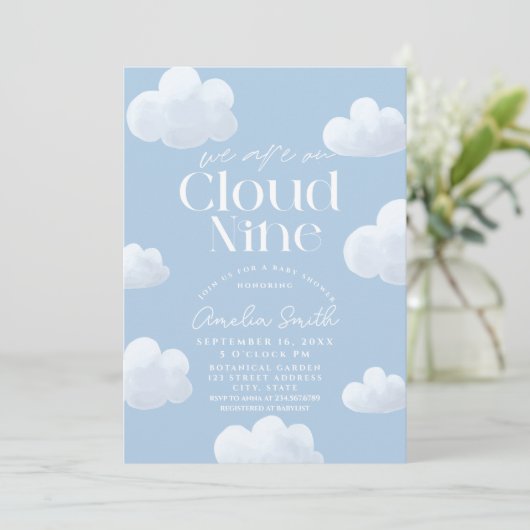 Cloud Nine Blue Cloud Baby Showerモダンに参加 招待状 (スタンド正面)