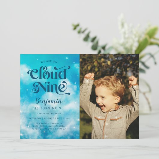 Cloud Nine Boy's 9誕生日写真 招待状 (スタンド正面)