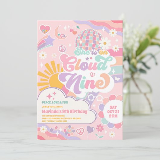 Cloud Nine Retro Groovy Daisy 9th Birthday 招待状 (スタンド正面)