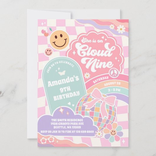 Cloud Nine Retro Groovy Daisy 9th Birthday Invitat 招待状 (正面)