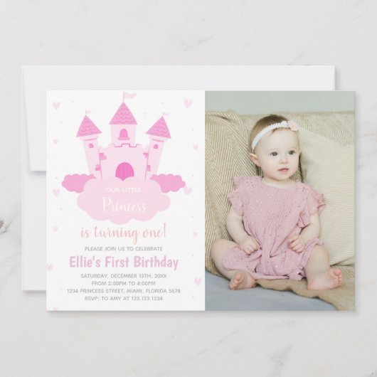 CloudPrincessの下のピンクの城の誕生日写真 招待状 (正面)