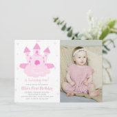 CloudPrincessの下のピンクの城の誕生日写真 招待状 (スタンド正面)