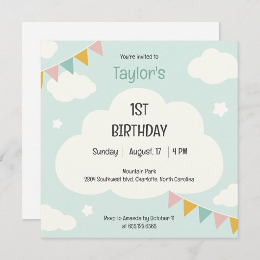 Clouds party flags baby first birthday invitation 招待状 (正面/裏面)