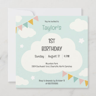 Clouds party flags baby first birthday invitation 招待状
