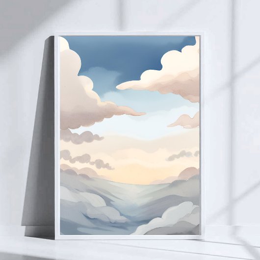 Cloudy Skies | Watercolor Sky Blue Clouds ポスター
