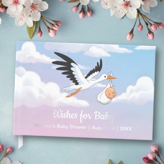 Cloudy Sky Stork Baby Shower Foil ゲストブック