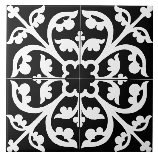 Clover Flower Floral Abstract Black & White タイル (正面)