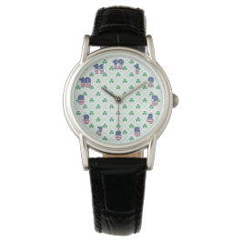 Clover Pattern Black Leather Watch with Classic Lo 腕時計