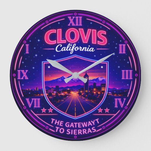 Clovis California Sierra Gateway Mountain Neon ラージ壁時計 (正面)