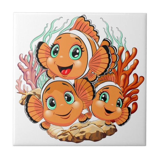 Clown fish Cartoon cute Family Underwater タイル (正面)
