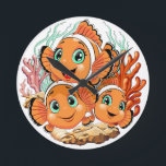 Clown fish Cartoon cute Family Underwater ラウンド壁時計<br><div class="desc">Cute and Joyful little Clownfish Cartoon Characters swimming together on underwater Coral Reef Background. Original Vector Illustration Copyright BluedarkArt.</div>