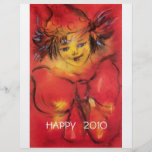CLOWN WITH RED BOW / Happy New Year's Eve チラシ<br><div class="desc">Colourful , whimsical , vibrant, artistic clown portrait with a fancy red ribbon, watercolor painting in red, yellow, brown colors inspired from Carnival of Venice.Elegant design,  easy to customize with your initials and your own text.</div>