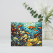 Clownfish in Swirling Coral Reef Painting ポストカード (スタンド正面)
