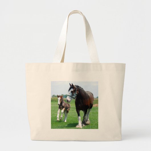 Clydesdaleおよび雌の子馬 ラージトートバッグ (正面)