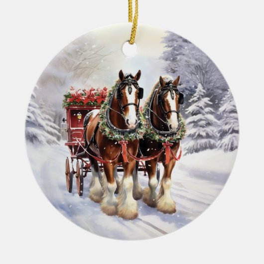 Clydesdale Horses on Ceramic Christmas Ornament セラミックオーナメント (正面)