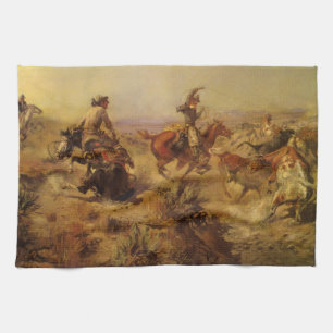 CMラッセルによるカウボーイの名画、"Jerked Down" キッチンタオル