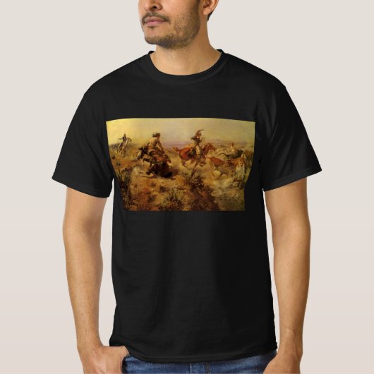 CMラッセルの「引きずり落とされた古き良きカウボーイ」 Tシャツ (正面)