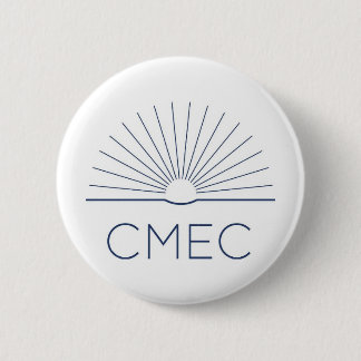 CMECボタン – ネイビーロゴ付き白色 缶バッジ