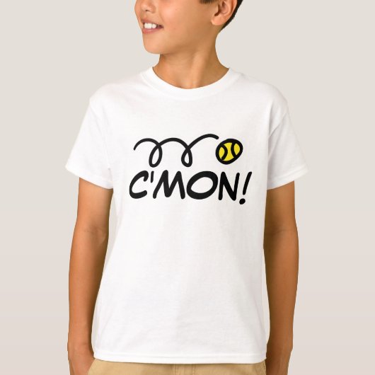 「C'mon!」と書かれた面白いスローガンのキッズテニスTシャツ Tシャツ (正面)