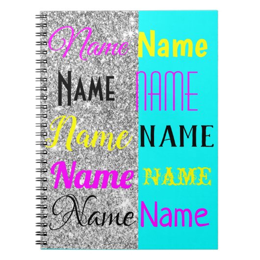 CMYKシアンとシルバーのグリッターパーソナライズされたギフト ノートブック (正面)