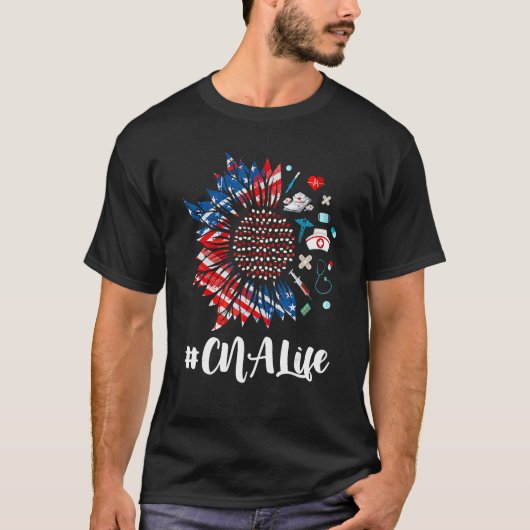 CNA Life Stethoscope Sunflower USA Flag 4th Of Jul Tシャツ (正面)