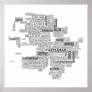 Co.メーヨー、アイルランドの黒い印刷の地図 ポスター