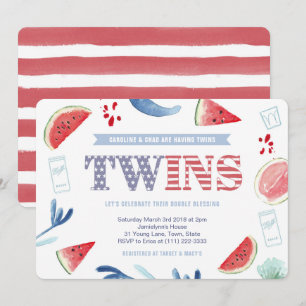 Co-ed Baby Shower for Twins、7月4日Baby Shower 招待状