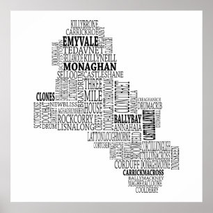 Co. Monaghan、アイルランドの黒い印刷の地図 ポスター