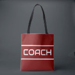 COACH Sporty Fun White Text Stripes On Vintage Red トートバッグ<br><div class="desc">This sporty design features white modern COACH text and sleek edge stripes against a deep red background.  The text and colors in this design can be personalized.</div>