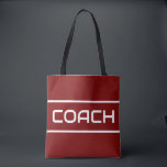 COACH Sporty Fun White Text Stripes On Vintage Red トートバッグ<br><div class="desc">This sporty design features white modern COACH text and sleek edge stripes against a deep red background. The text and colors in this design can be personalized.</div>