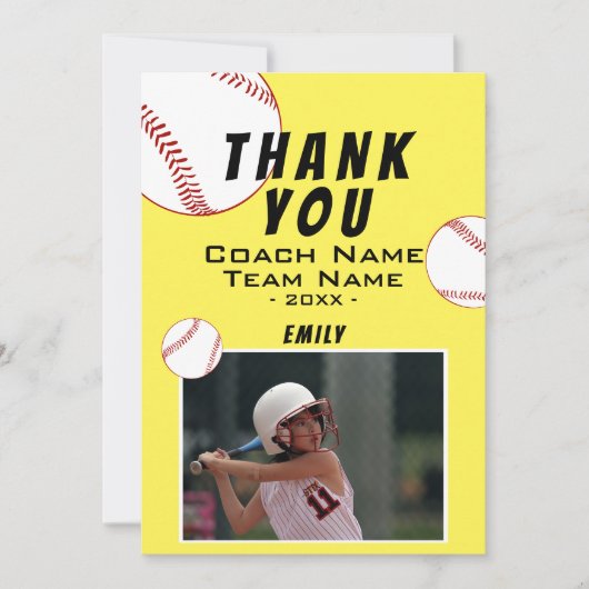 Coach Yellow Softball Photo Cardありがとう サンキューカード (正面)