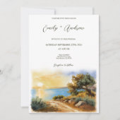 Coast Watercolor Sunset Mediterranean Half Wedding 招待状 (正面)