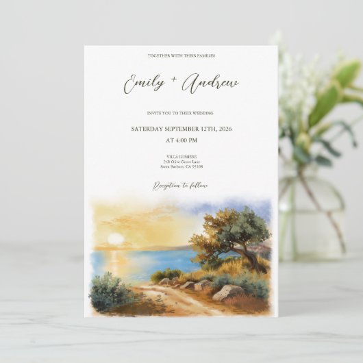 Coast Watercolor Sunset Mediterranean Half Wedding 招待状 (スタンド正面)