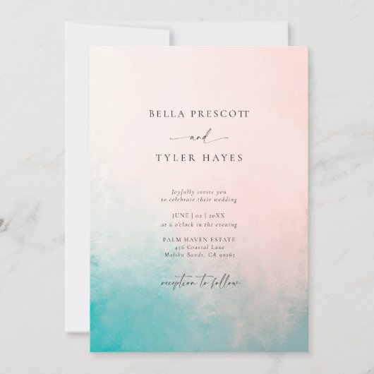 Coastal Abstract Coral Blue Ocean Elegant Wedding 招待状 (正面)