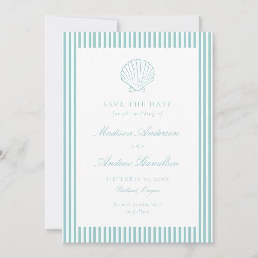 Coastal Aqua Stripe Shell Wedding Save the Date (正面)