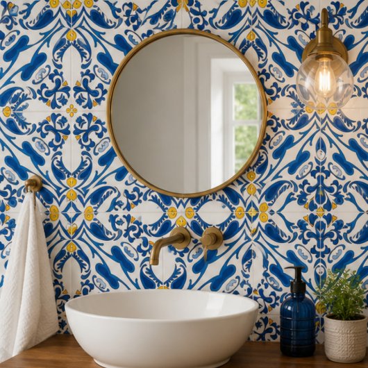 Coastal Arabesque Blue Botanical Mosaic Elegant タイル