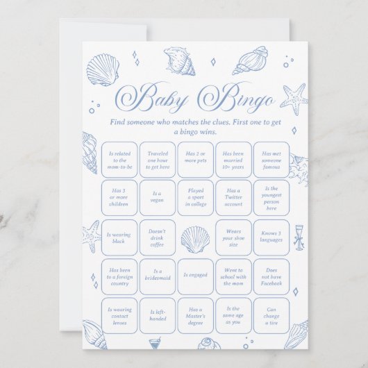 Coastal Baby Shower Find the Guest Bingo Game Card 招待状 (正面)