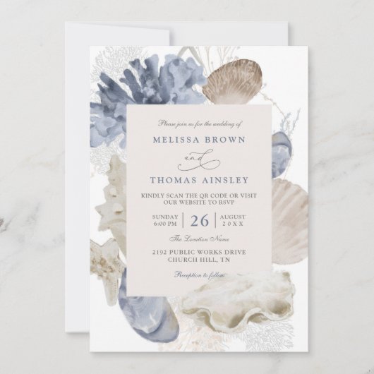 Coastal beach blue seashell qr code wedding 招待状 (正面)
