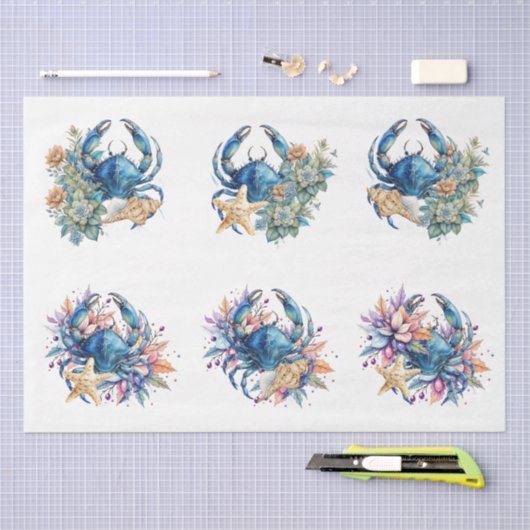 Coastal Beach Floral Blue Crab & Shells Decoupage  薄葉紙 (クラフト)