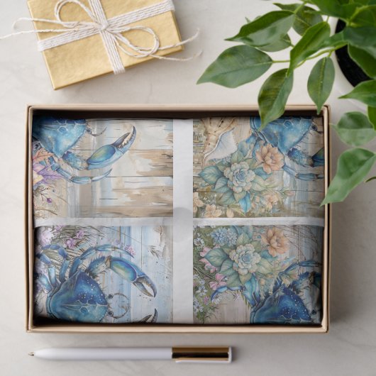 Coastal Beach Floral Blue Crab & Shells Decoupage  薄葉紙 (ギフト)