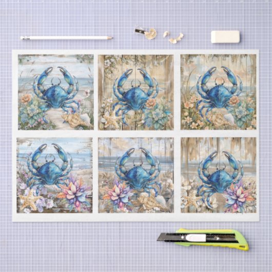 Coastal Beach Floral Blue Crab & Shells Decoupage  薄葉紙 (クラフト)