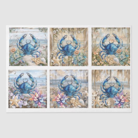 Coastal Beach Floral Blue Crab & Shells Decoupage  薄葉紙 (正面)
