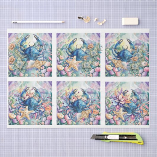 Coastal Beach Floral Blue Crab & Shells Decoupage  薄葉紙 (クラフト)